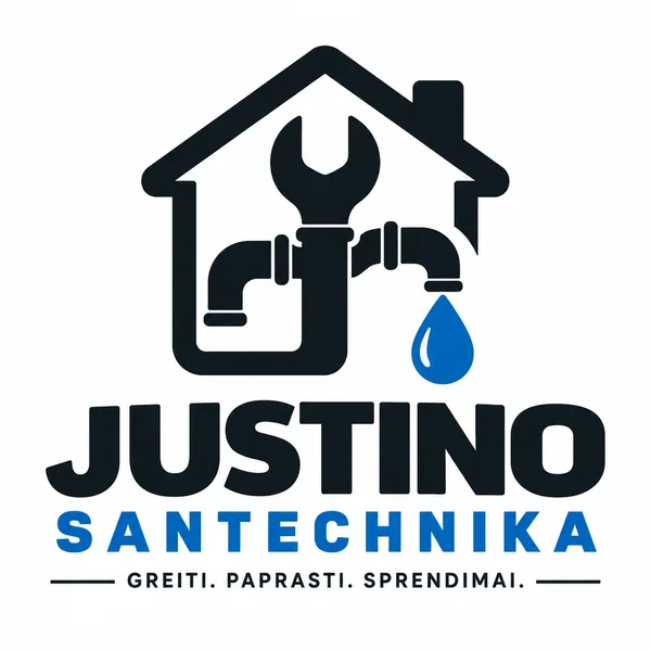 Justino santechnika logotipas: namas, santechnikos įrankiai ir vandens lašas